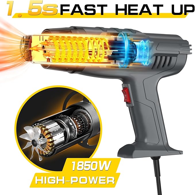 DIAFIELD 1850W Heat Gun, Dual Temperature Settings, AUTOXEL Fast Heat Hot Air Gun, Durable& Overload Protection, with 4 Nozzles for Shrink Wrap, Vinyl, Crafts, Epoxy Resin
