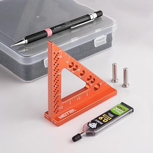 Neitra Small Square Ruler with Fixed Angle Pin, Accurate Compact Aluminum Alloy Mini Squares with Laser Etched Markings, Includes a Mechanical Pencil for Carpenter Woodworking Furniture Projects