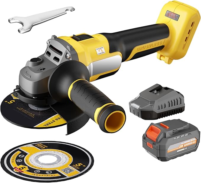 Cordless Angle Grinder Compatible with Dewalt 20V MAX Battery, 9600RPM Brushless Metal Grinder Tool, 4-1/2 Inch, w/4.0Ah Battery, Kickback Brake, 3 Vairable Speed, Slide Switch, Auxiliary Handle