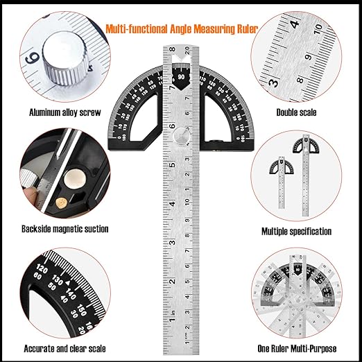 Protractor Angle Finder Carpenter Square Adjustable Aluminum Protractor Square and Angle Gauge for Carpenters & Woodworking Hobbyists with 0-180 Degrees Measuring Tool (8inch)