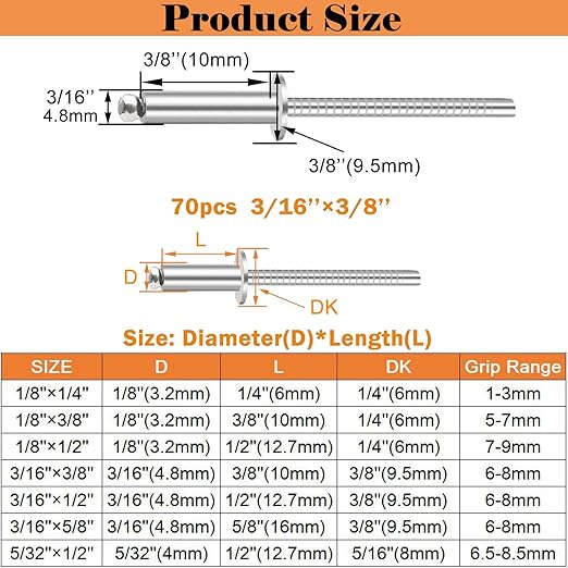 70pcs 3/16 x 3/8 inch 304 Stainless Steel Pop Rivets, 4.8 x 10mm Blind Rivets for DIY/Automotive Repairs/Furniture