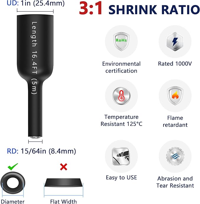 1 inch Heat Shrink Tubing, 5 Ft 3:1 Heat Shrink Tube Dual Wall Adhesive Lined, Waterproof Marine Shrink Wrap Tubing, Electrical Industrial Automotive Sealing Heat Shrink Tubing Kit for Wire Insulation