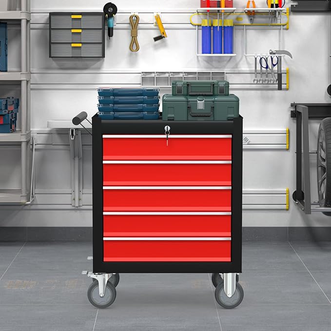 5 Drawers Rolling Tool Chest, Large Capacity Metal Tool Box with Wheels and Drawers, Tool Storage Cabinet with Keyed Locking, Tool Organizer Box for Garage, Workshop, Warehouse (Black Red)