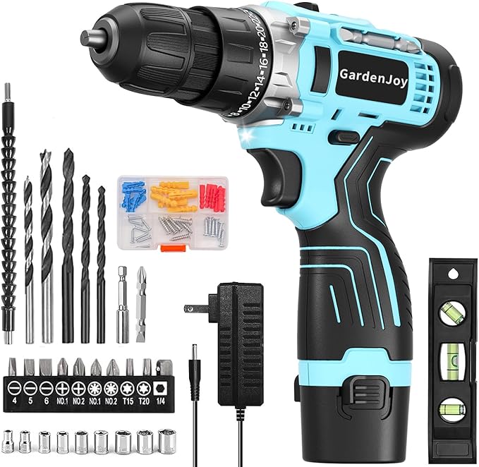 GardenJoy Cordless Power Drill Set: 12V Electric Drill with Battery and Charger, 65pcs Acessories, 3/8"Keyless Chuck, 2 Variable Speed, 24+1 Position, Compact Drill Driver Kit for Home & DIY Project