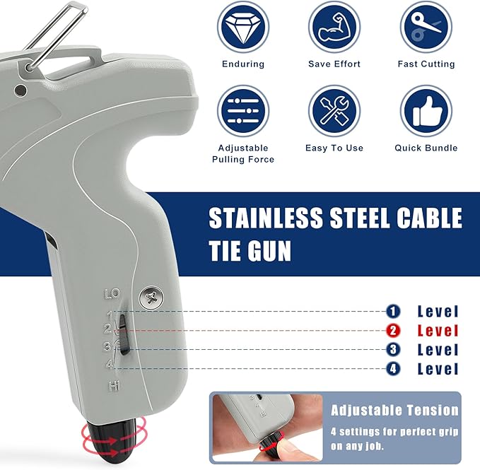 Zhushan Stainless Steel Cable Tie Gun, Auto Tighten & Cut Tool for 4.6–7.9mm Metal Ties, 4-Level Tension, Heavy-Duty & Easy to Use