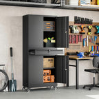 Yizosh Metal Garage Storage Cabinet with Locking Doors and Adjustable Shelves, 73" Rolling Tool Storage Cabinet with 4 Wheels and 1 Drawer for Garage,Warehouse (Black)