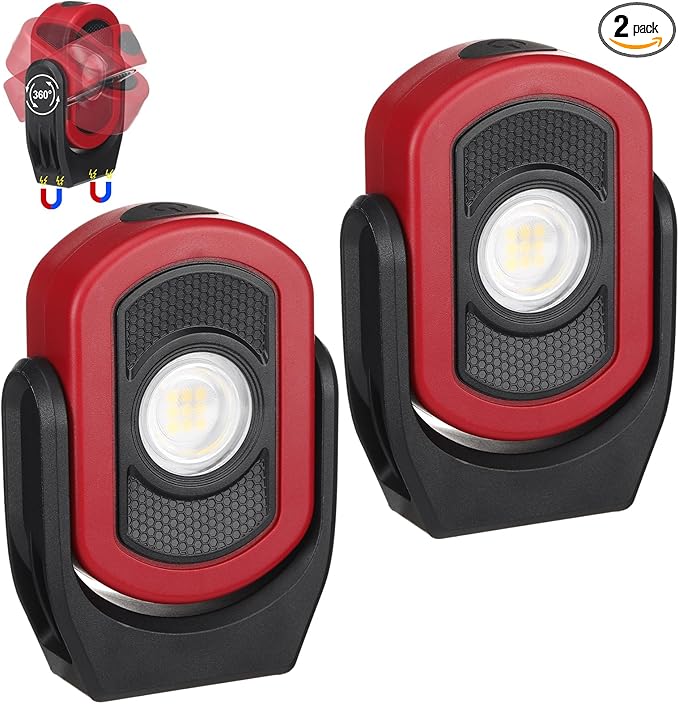 Retisee 2 Pcs 720 Lumens Magnetic Work Light USB Rechargeable LED Flashlight Portable Inspection Light for Car Repair Emergency Lighting Mechanics Workshop (Red)