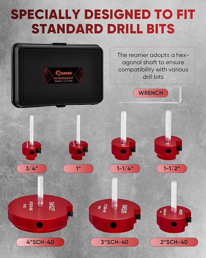 Saker PVC Pipe Reamer Kit, PVC Fitting Saver with 3/4inch, 1 inch, 1-1/4inch,1-1/2inch, 2inch,3inch,4inch Head, For SCH40, ABS Pipe,CPVC Perfect for Plumbing Repairs, Fits Standard 1/2" Drill