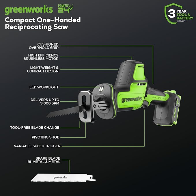 Greenworks 24V Brushless 1" Compact One-Handed Reciprocating Saw (3,000 SPM), Cordless Powered Variable Speed Recip Saw, Battery Not Included