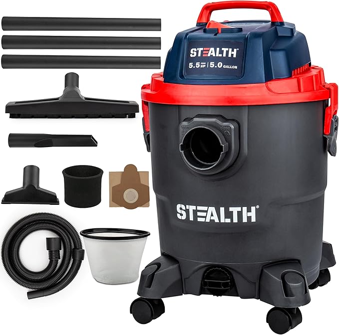 Stealth Wet/Dry Vacuum 5 Gallon, 5.5 Peak HP Shop Vacuum with Blower & Drain Port for Home, Garage, Car, Workshop,ECV05P2