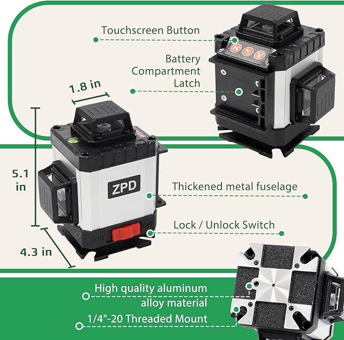 Laser Level, ZPD Laser Level with Tripod, 4 x 360 Self Leveling Laser Measuring Tool Green Lazer Level 16 Line Level Laser 360 Self Leveling for Construction, Home Renovation, Picture Hanging