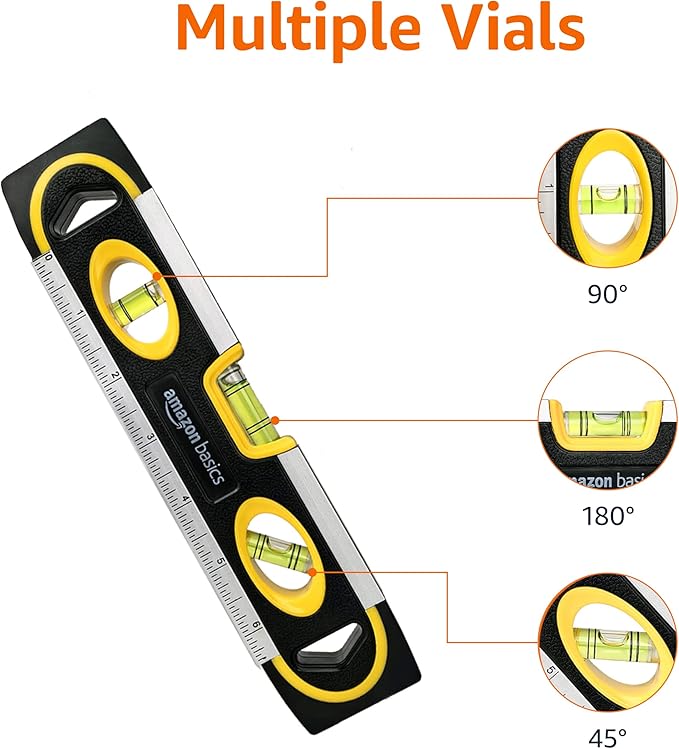 Amazon Basics 9-Inch Magnetic Torpedo Level and Ruler, 180/90/45 Degree Bubbles, Black