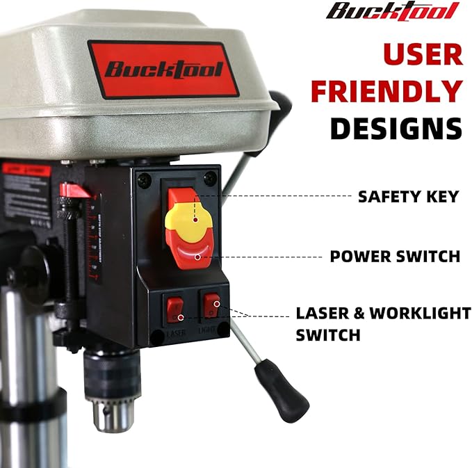 BUCKTOOL 10-Inch Drill Press 6.0 Amp 3/4 HP Bench Drill Press 5-Speed Benchtop Drilling Machine with LED Work Light