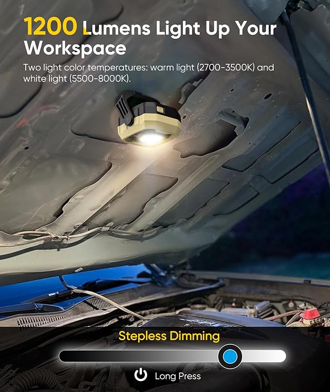 Rechargeable Work Light, 1200LM Magnetic Light with IPX4 Waterproof, 4000mAh Battery Led Work Light, Mechanic Light for Car Repair, Camping, Emergency (1 Pack)