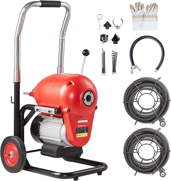 VEVOR Drain Cleaner Machine 120FT x 6/5 Inch, 1100W Electric Sewer Snake Auger Manual Feed - with 6 Cutters and CW/CCW Control for 4" to 8" Pipes