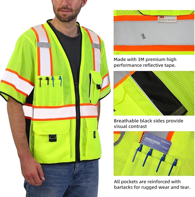 Dib Safety Reflective Mesh Vest ANSI Class 3, High Visibility with Pockets and Zipper, Made with 3M Reflective Tape, Yellow 2XL