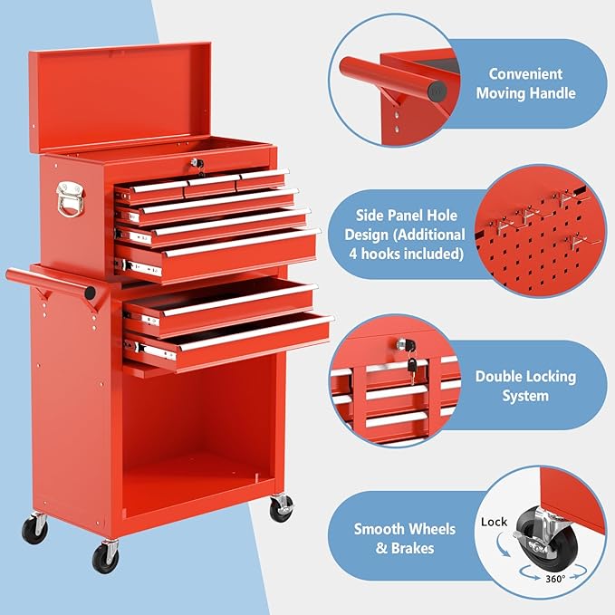 8 Drawer High Capacity Rolling Tool Chest, Tool Box with Wheels and Drawers, Detachable Toolbox with Lock, Heavy Duty Metal Tool Cabinet for Workshop, Warehouse and Garage (Red)