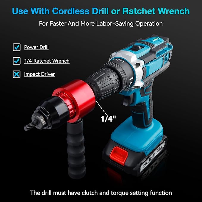 YUZES Rivet Nut Tool Rivet Nut Kit, Rivet Nut Gun Adapter Compatible with Cordless Drill & Ratchet Wrench, Newly Labor-Saving Rivnut Tool with 10 Mandrels & 50 Rivet Nuts, Rugged Carrying Case
