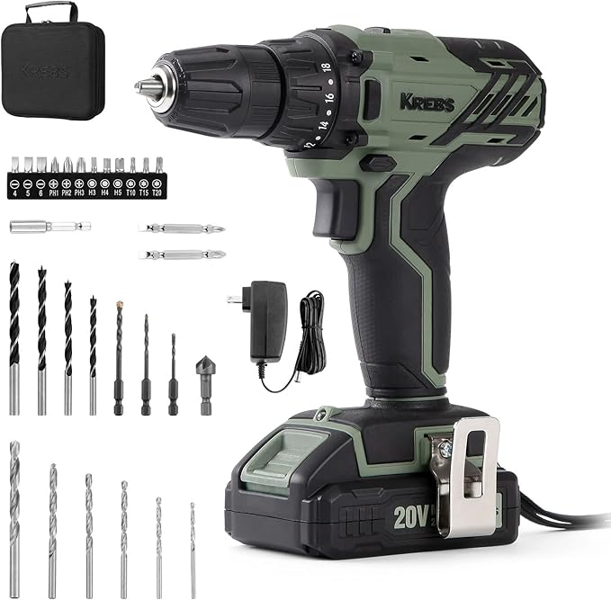 KREBS 20V Cordless Drill Set, Power Drill Kit with 1 Batteries & Fast Charger, 3/8-Inch Keyless Chuck 2 Variable Speed 18+1 Torque Setting and 28pcs Drill Bits