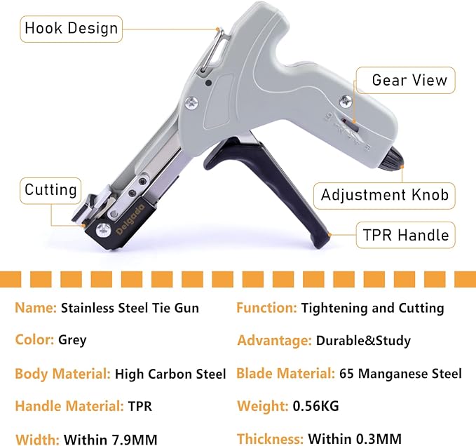 Delgada Metal Cable Tie Gun for Stainless Steel Ties, Professional Automatic Tightening Cutting Ratchet Tie Clamp,4-level Adjustable Fastening Tie Tool