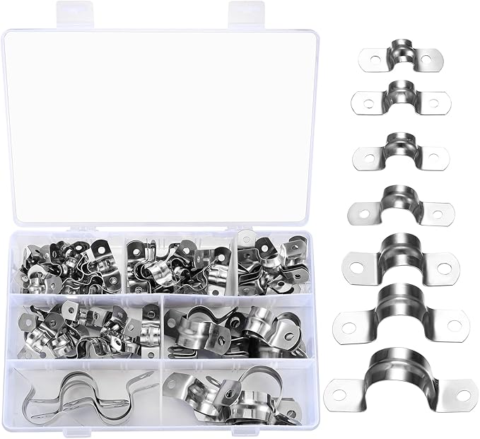 90 Pcs Two Hole Strap U Clamp,Pipe Strap U Bracket Clamp, Stainless Steel Rigid Pipe Strap U Bracket Tube Strap Clamp Kit for Pipe Tube Fixing Mounting - 5/16" 3/8" 9/16" 1/2" 5/8" 3/4" 1"