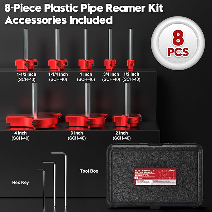 8Pcs Plastic Pipe Reamer Kit - Qoobly PVC Fitting Saver Compatible with 1/2" Drills - Pipe Reamer Tool for SCH40 Includes 1/2'' 3/4'' 1'' 1-1/4'' 1-1/2'' 2'' 3'' 4'' for PVC CPVC ABS Pipes Repairs