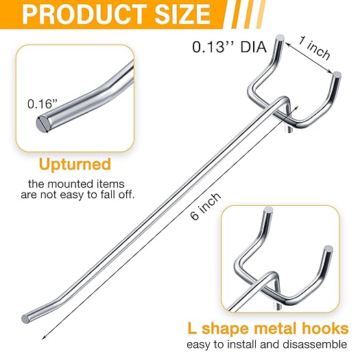 Shimeyao 100 Pcs Peg Board Shelving Hooks Stainless Steel Hanging Board Pegs Wall Display Hooks Bulk for 1/8 1/4 Garage Storage Organizer Accessories(6 Inch,Silver)