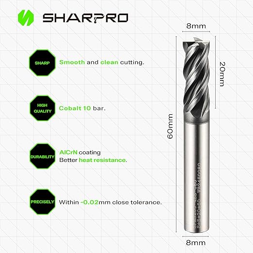 8mm Shank End Mill Bits 8mm Cutting Dia. 4 Flutes AlCrN Coated Carbide Square CNC Milling Bits, Apply for Alloy Steel, Stainless Steel, and Various Cast Iron