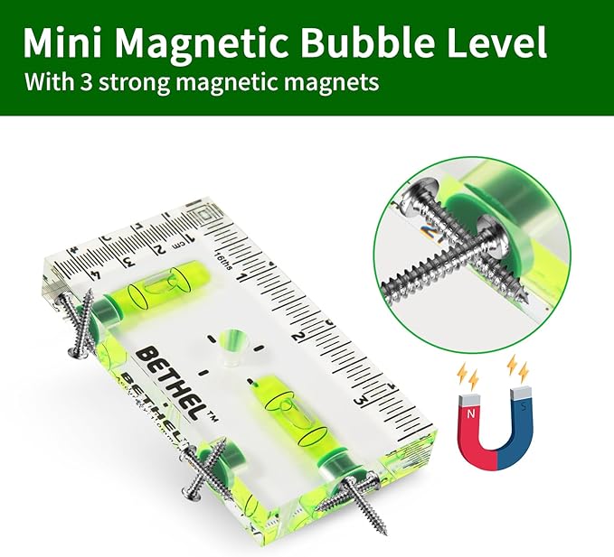 BETHEL 90°/180° Compact Level with Shatterproof Cross-check Magnetic Bubble, Mini Pocket Spirit Level for Picture Hanging Marking Measuring Instruments Layout tools (95×13×51(MM))