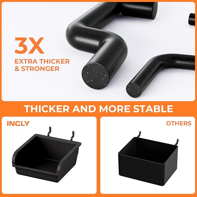 INCLY 220PCS Extra Thick 1/4" Pegboard Accessories Organizer Kit, Heavy Duty Black Pegboard Hooks with Bins and Peg Lock, Peg Board Hooks Assortment for Garage Wall Attachments Hanging Tools