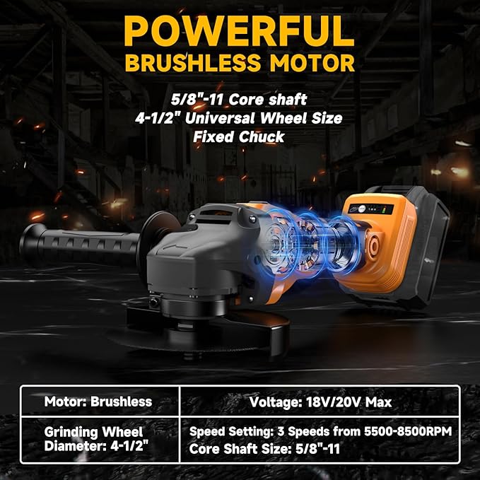 Cordless Angle Grinder for Dewalt 20V Battery, 3 Speed Adjustable Brushless Grinder with Up to 8500 RPM, 5/8''-11 Spindle Portable Grinder for 4-1/2'' Wheels for Cutting, Grinding(NO Battery)