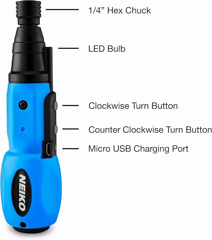 NEIKO 10577A Cordless Power Screwdriver | 1/4” Hex Auto-Lock Safety Chuck | Includes Phillips and Flathead Bit | USB Rechargeable Lithium-Ion Technology | Auto and Manual Mode