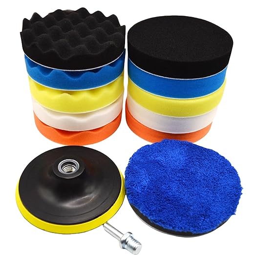 12Pcs 5inch Foam Buffing Polishing Pads Kit, with Coral Fleece Pad, Backing Plate, M14 Drill Adapter, Car Buffing Kit for Car Polishing, Waxing, Sealing Glaze (12Pcs-5inch)