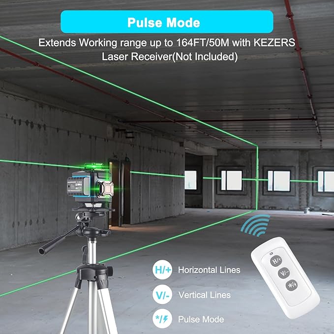 KEZERS Laser Level 360 Self Leveling,4 x 360 Laser Level with Screen Green Laser Level Line tool Leveling and Alignment Laser Tool with Pulse Mode for Construction and Picture Hanging,Remote Control