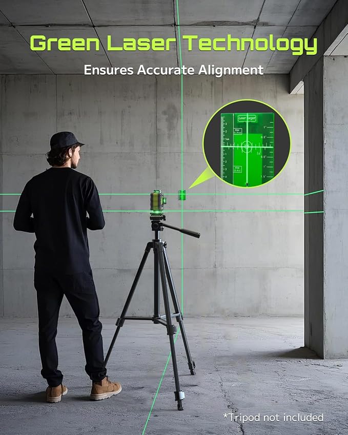 4x360° Self-Leveling Laser Level, 16 Lines Green Cross Line Laser, for Construction Projects and Home Decoration, with 2 Rechargeable Li-Ion Batteries and Magnetic Bracket, LG-4Ds