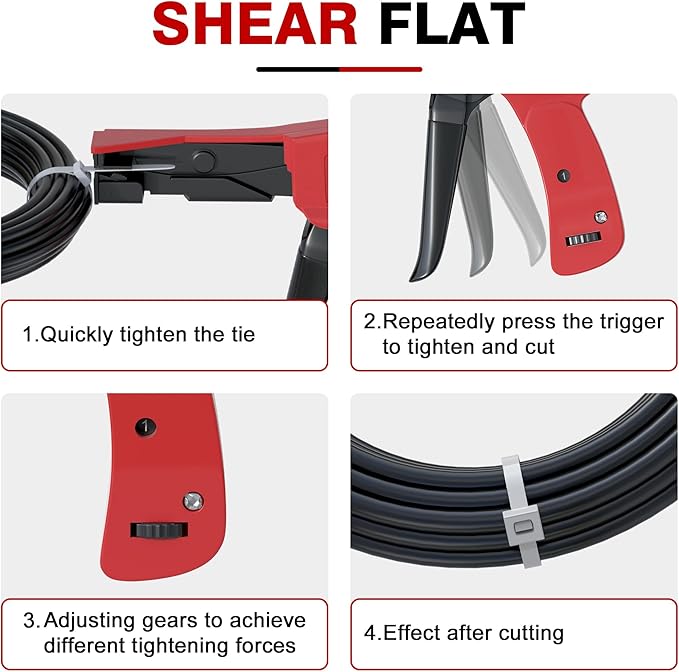 Zip Tie Gun, Cable Tie Gun with Cutting and Fastening, Adjustable Tension 1-3 Setting, Red, 6.29 Inches Length