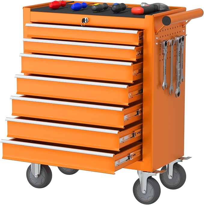 7 Drawers Rolling Tool Chest, Large Capacity Metal Tool Box with Wheels and Drawers, Tool Storage Cabinet with Keyed Locking, Tool Organizer Box for Garage, Workshop, Warehouse, Orange