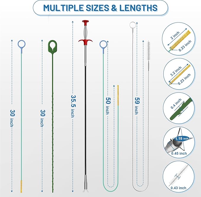 12 Pack Snake Drain Hair Removal Tools, 35.5" Drain Clog Remover, 30" & 50" Steel Shower Snake, 30" Nylon Sink Snake, 59" Sink Unclogger Tool, Sink Cleaner Tool for Toilet, Bathroom, Shower, Kitchen