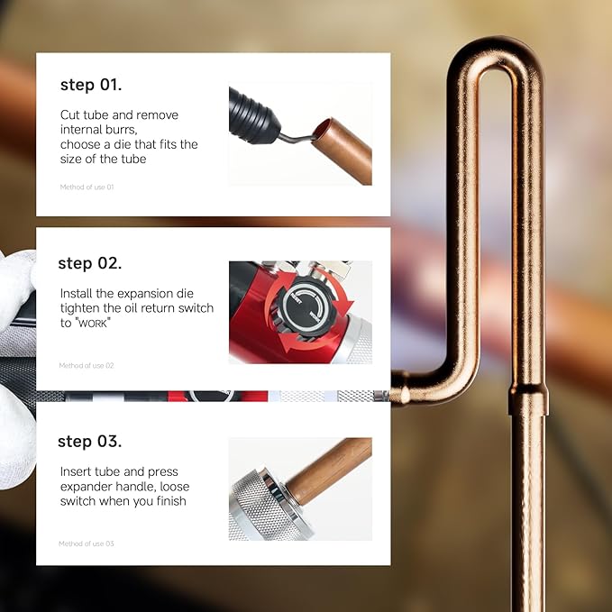 Hydraulic Tube Expander HVAC Swaging Tool Kit Copper Pipes Compact Tool Set with Tube Cutter, Deburring Tool, and 7 Expander Heads 3/8, 1/2, 5/8, 3/4, 7/8, 1, 1-1/8 Inch