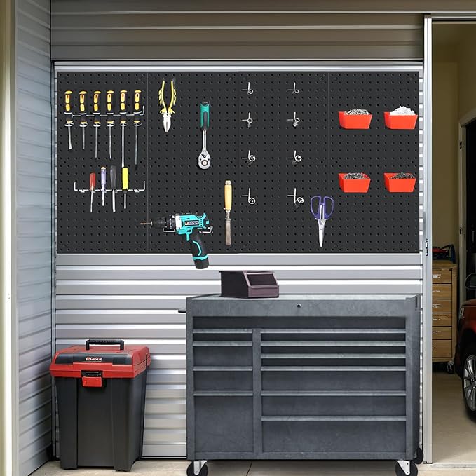 4 Pack 12-Inch X 24-Inch Metal Pegboard Wall Panels, Peg Boards for Garage Tool Storage (Black1224)