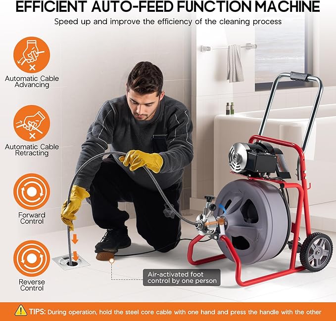 Albott 100 FT x 3/8 inch Electric Drain Cleaner Machine with Auto-Feed & 9 Cutters, Sewer Snake Auger for 1–4 Inch Pipes, Foot Switch & Wheels, Ideal for Home & Commercial Use, Grey/Red
