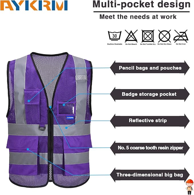 A-SAFETY High Visibility Mesh Safety Reflective Vest with Pockets and Zipper,Hi Viz Work Vest for Men Women (Purple Mesh XL)