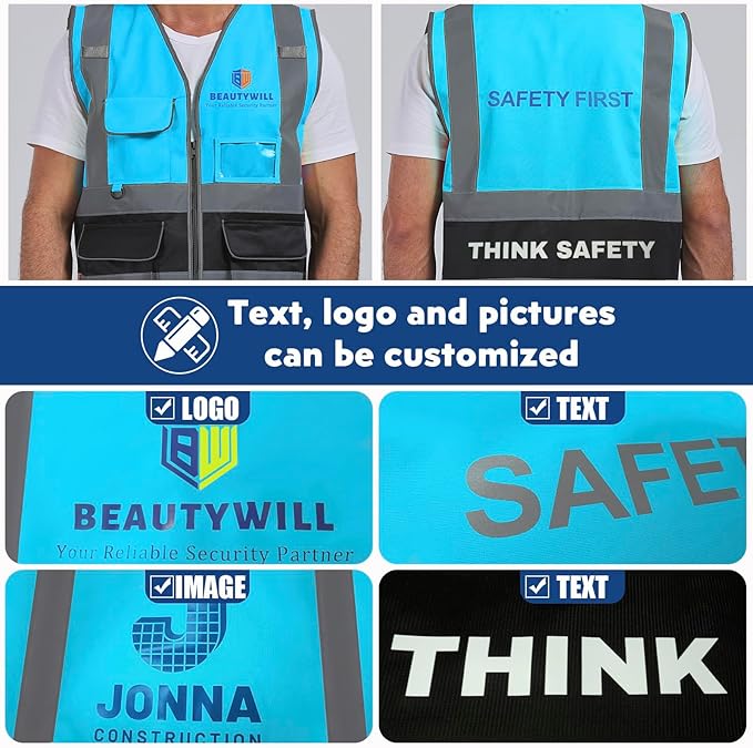 BeautyWill Custom Safety Vest Customized Logo Class 2 High Visibility Reflective Vest with Pockets Construction workwear