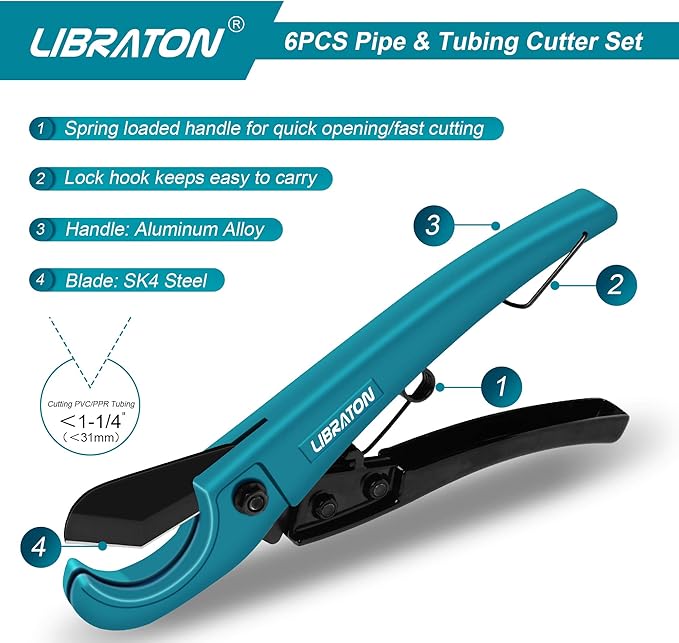 Libraton Pex Cutter 1-1/4", Pex Pipe Cutter, PEX Tube Cutter 1/8" to 7/8", PEX Pipe Cutting Tools for PEX, PVC (Thin), PPR Plastic, Extra PTFE Seal Tapes 400"