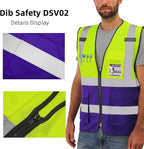 Dib Safety Reflective Vest High Visibility with Pockets and Zipper, Yellow and Purple L