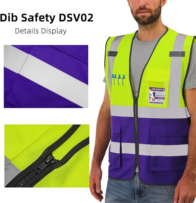 Dib Safety Reflective Vest High Visibility with Pockets and Zipper, Yellow and Purple L