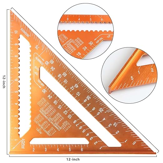 Carpenter Square 12-inch Layout Tool Alloy Metal Triangle Ruler Protractor,Orange（SAE&MER）