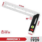 Arrow 10-Inch Try Square, Woodworking Square with Stainless Steel Blade, Aluminum Handle, 1-Inch Scribe Notches and Bubble Level, Layout and Marking Tool for Carpenters