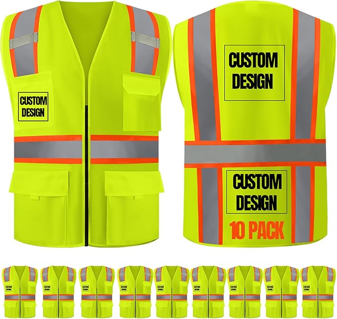 BeautyWill Custom Safety Vest Customized Logo Class 2 High Visibility Reflective Vest with Pockets Construction workwear