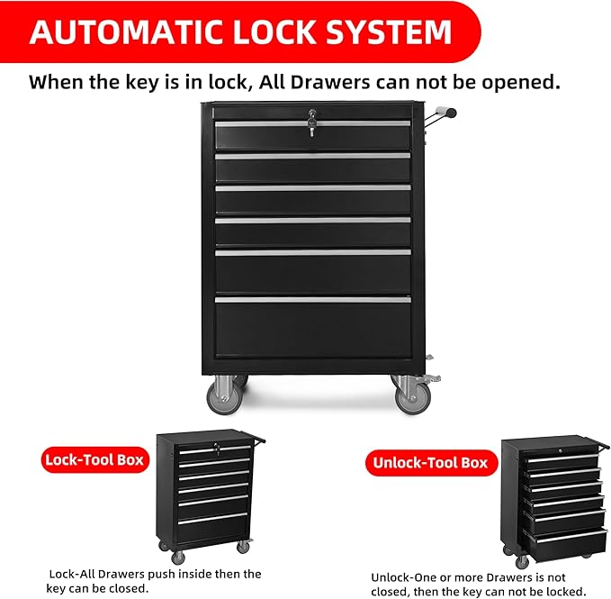 6-Drawer Rolling Tool Chest Cabinet, Large Capacity Metal Tool Box with Wheels and Keyed Locking, Roll Around Storage Organizer Tool Cart for Garage, Warehouse, Work Shop (Black)